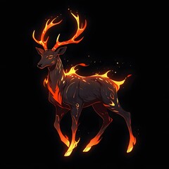 Majestic Fiery Deer With Glowing Antlers and Flame-Like Patterns on Dark Background