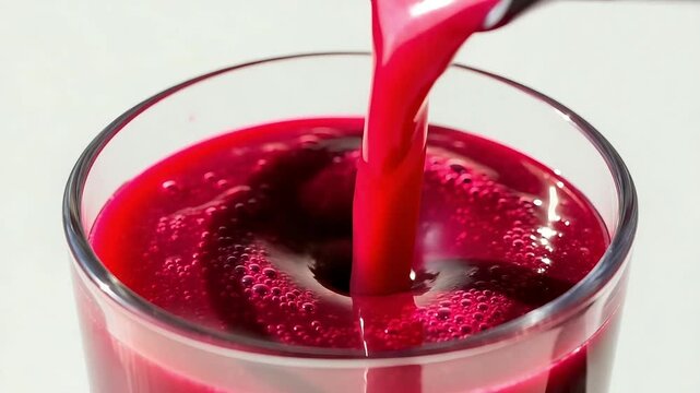 Freshly squeezed beet juice pouring into a clear glass with pulp  