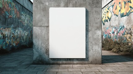 Fototapeta premium A stunning image of blank white poster mockup with urban street art sticker frame on textured wall backdrop.