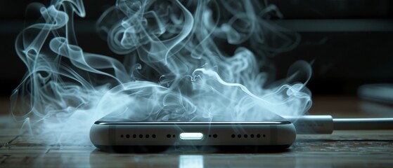 The smartphone appears to be malfunctioning, surrounded by smoke, suggesting a possible battery problem or electrical issue while charging