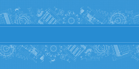 Mechanical engineering drawings on blue background. Cutting tools, milling cutter. Technical Design. Cover. Blueprint. Horizontal seamless pattern. Vector illustration.