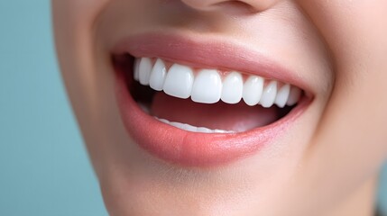 Obraz premium Bright Smile with Healthy Teeth Against Soft Blue Background