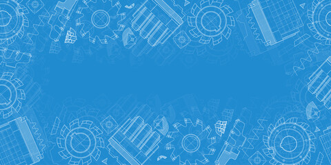Mechanical engineering drawings on blue background. Cutting tools, milling cutter. Technical Design. Cover. Blueprint. Vector illustration.