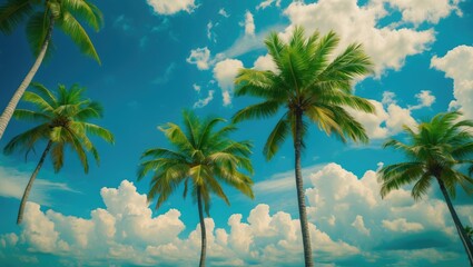 Green Palm Tree Against Blue Sky And White Clouds with Empty Copy Space For Text