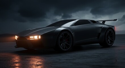 Sleek Gray Car Racing on Pavement with Dramatic Sky