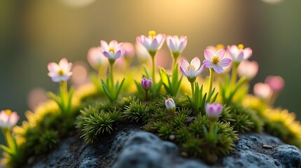 Obraz premium Close-up of Portulacaceae, Crocus, and Hepatica flowers on a mossy rock, bathed in soft light. Ideal for nature, spring, or floral-themed projects.