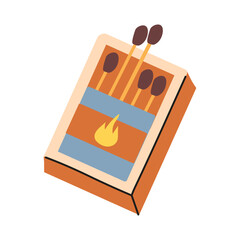 Matches in a decorative box with a flame design on a blue and orange background. Flat style vector illustration.