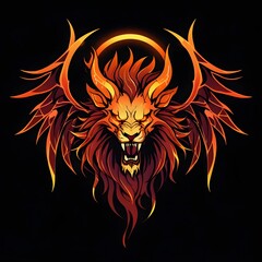 Fiery Demon Beast with Majestic Horns and Flaming Wings on a Black Background