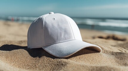 A stunning image of white baseball cap mockup isolated on the beach sand background.