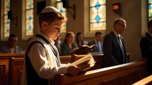 13-year-old Ashkenazi Jewish boy during his bar mitzvah ceremony inside a synagogue, wearing a kippah and tallit, reading from the Torah scroll, with stained glass windows