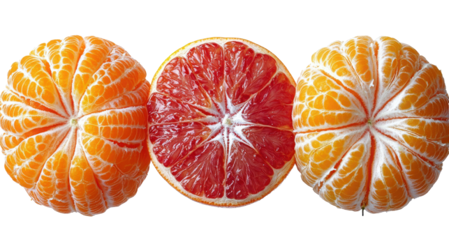 Close up of three citrus fruits showing segments and juicy texture on transparent background