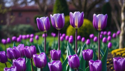 Three Purple Tulips In The Garden