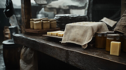 Rainy market stall with linen cover, kraft jars, beeswax blocks, puddles on wood, overcast soft light, muted greys and browns, authentic documentary style photo
