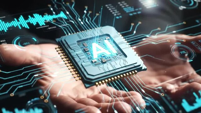 electronic circuit board with processor, AI chip, hologram animation screen