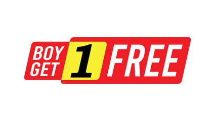 red and yellow promotional label with text boy get 1 free used for sales discount and marketing graphics	