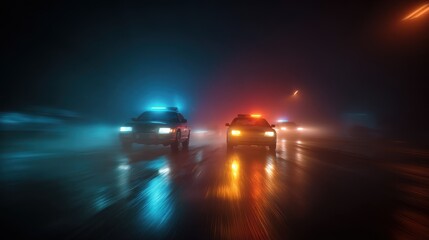 A stunning image of police cars driving at night chasing a car in fog 911 police car rushing to crime scene.