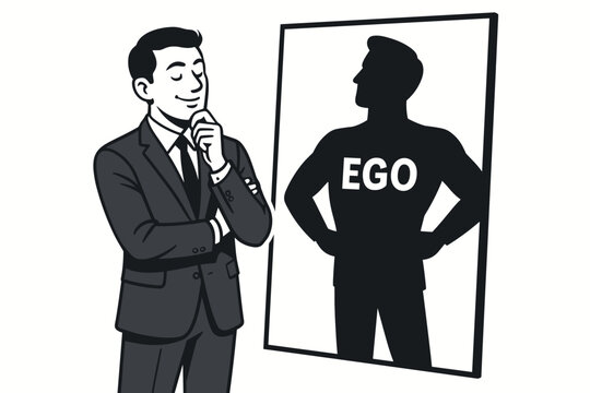 Businessman ego mirror reflection silhouette. Self awareness leadership psychology concept. Executive contemplating identity metaphor. Professional thinking introspection self reflection mindset