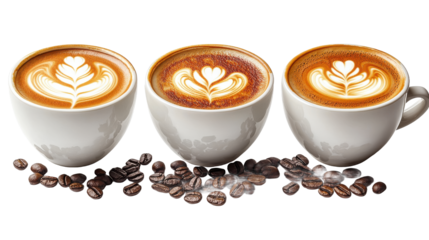 Three cups of latte with coffee beans arranged at the bottom view on transparent background