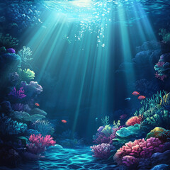 A vibrant underwater scene featuring colorful coral reefs and playful sunlight beams
