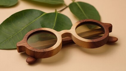 Wooden Round Sunglasses On Beige Background With Green Leaves