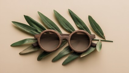 Brown Wooden Sunglasses With Green Leaves On Beige Background