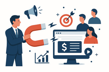 Digital marketing customer magnet attraction concept. Targeted advertising lead generation business strategy growth analytics ROI client acquisition online vector illustration