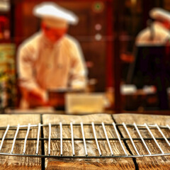 Empty Wooden Tabletop with Chef Cooking in Background. Culinary and Cooking Concept with Product Placement Space.  Industry advertising, cooking shows, restaurant branding or kitchen product mockups.