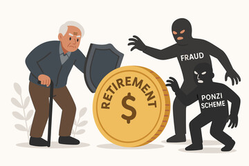 Elderly senior man protecting retirement pension savings from financial fraud ponzi scheme scam criminals security shield defense money protection concept
