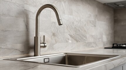 A stunning image of photo of a modern kitchen sink with a sleek faucet with copy space.