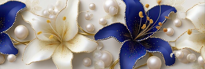 Elegant Floral Pattern With Blue And White Lilies And Pearls