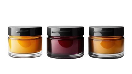 Three glass jars filled with colorful contents and lids aligned on transparent background