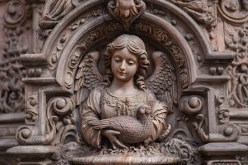 Obraz premium Angelic Stone Carving with Bird Intricate Architectural Detail Religious Sculpture