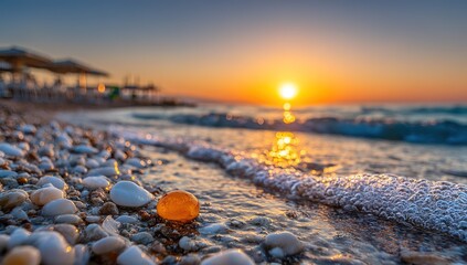 Golden Sunset Beach Scene With Pebbles
