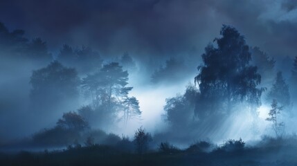 Fototapeta premium A stunning image of mystical forest with ethereal fog at night.