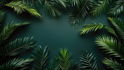 Deep Dark Green Palm Leaves Pattern. Creative Layout, Horizontal. With Empty Copy Space For Text