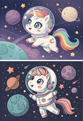 Obraz premium A charming little unicorn astronaut soars among the stars and planets in the depths of space