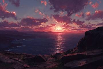 Pixel Art Sunset Over Coastal Rocks