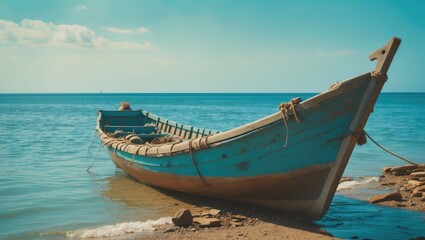 Obraz premium Traditional fishing boat on the shore during a sunny summer day with calm blue sea in the background and empty space for text