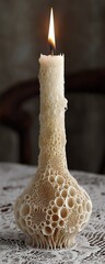Cream Colored Textured Candleholder With Light Beige Candle