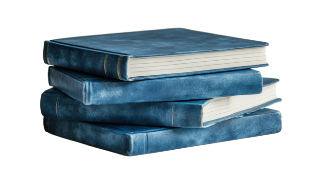 A stack of three blue covered books sitting atop each other well on transparent background