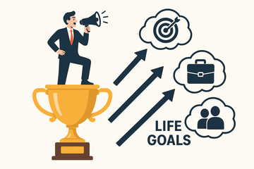 Successful businessman motivational speaker standing on golden trophy with megaphone announcing life goals. Achievement target career team leadership concept vector