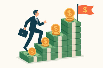 Businessman climbing money stairs ladder to financial success wealth. Career advancement achievement metaphor. Dollar coins cash stacks. Business growth progress concept. Target goal vision.