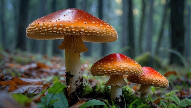 Amanita muscaria mushrooms in a forest setting, showcasing their distinctive red caps and white speckles among fallen leaves and greenery.