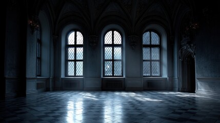 A stunning image of empty dark room in Gothic style with large windows eerie and atmospheric interior grand architectural details mysterious ambiance dramatic lighting and shadows.