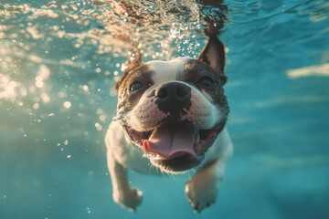 a photograph of a happy smiling Boston terrier swimming underwater in pool