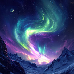 Breathtaking aurora borealis display over snow capped mountains and starry night sky