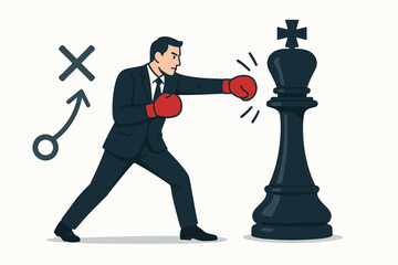 Businessman boxer fighting chess king strategic battle concept. Corporate competition conflict challenge. Professional combat victory warfare. Business strategy power struggle success