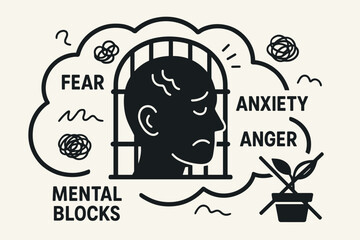 Mental health anxiety fear anger emotional blocks concept. Head silhouette psychology mind disorder. Stress depression cognitive therapy wellness mindfulness illustration vector design