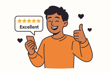 Happy satisfied customer giving excellent five star rating review feedback thumbs up smartphone positive experience testimonial user service quality concept illustration