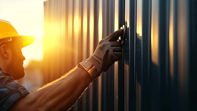 Experienced docker adjusting twistlocks on containers before lift-off, rough gloves gripping metal in bright sun